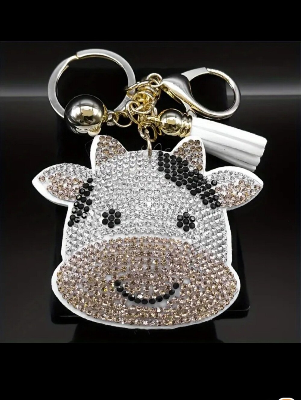 Western Cow Crystal Rhinestone Keychain Bag Charm With White Tassel
